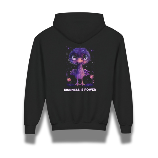Black hoodie with a purple character and 'Kindness is Power' text on the back