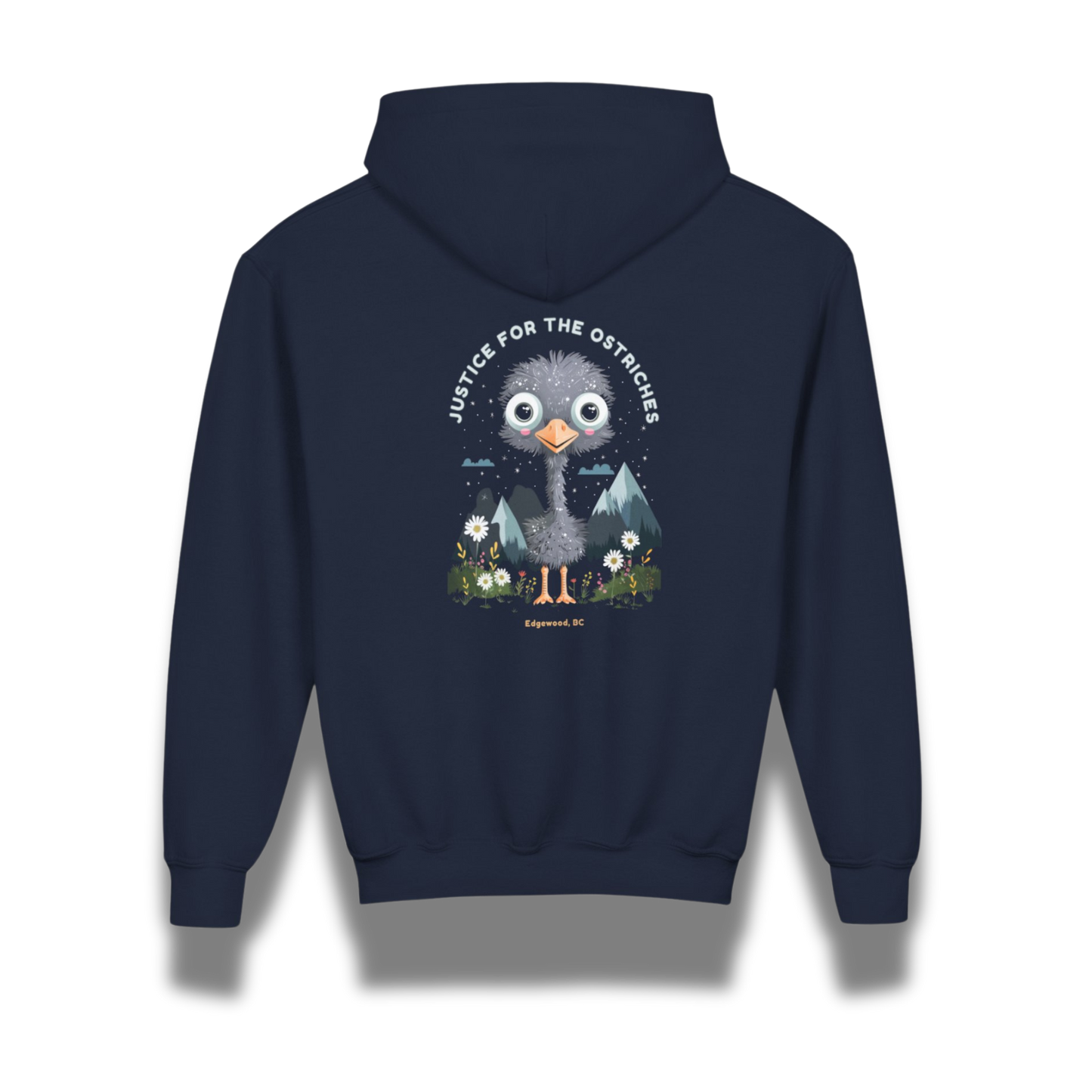 Navy blue hoodie with a cartoon ostrich graphic and text on the back, on a white background.