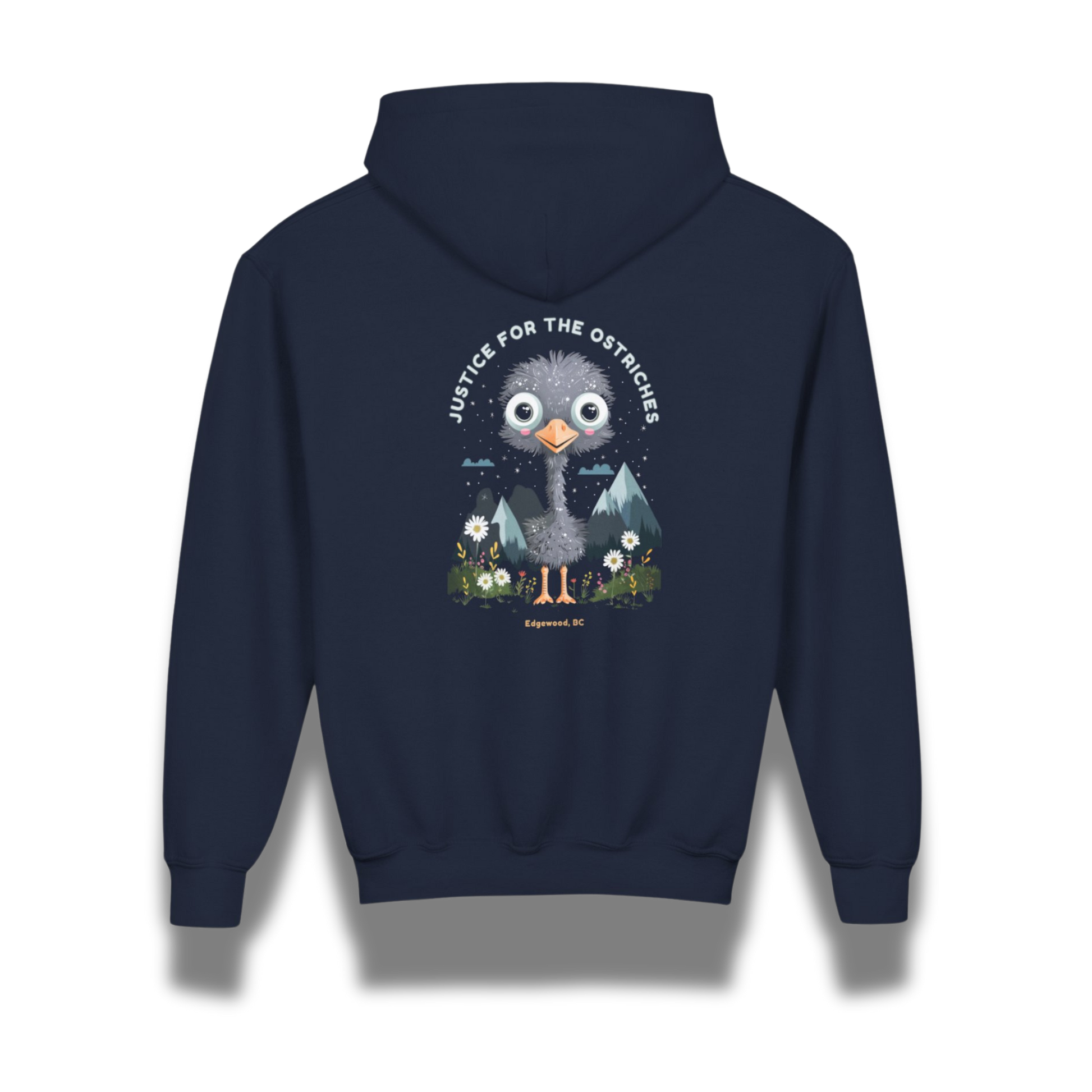 Navy blue hoodie with a cartoon ostrich graphic and text on the back, on a white background.