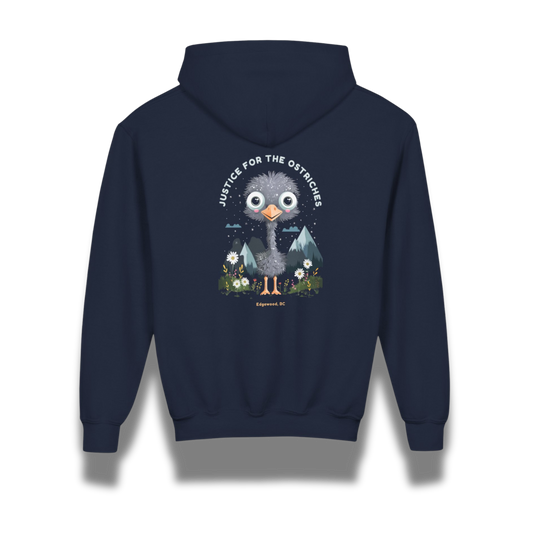 Navy blue hoodie with a cartoon ostrich graphic and text on the back, on a white background.