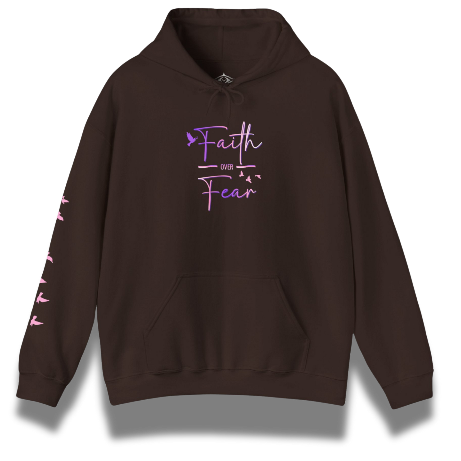 Brown hoodie with 'Faith over Fear' text in purple on a white background