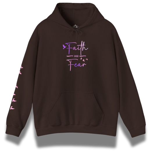 Brown hoodie with 'Faith over Fear' text in purple on a white background