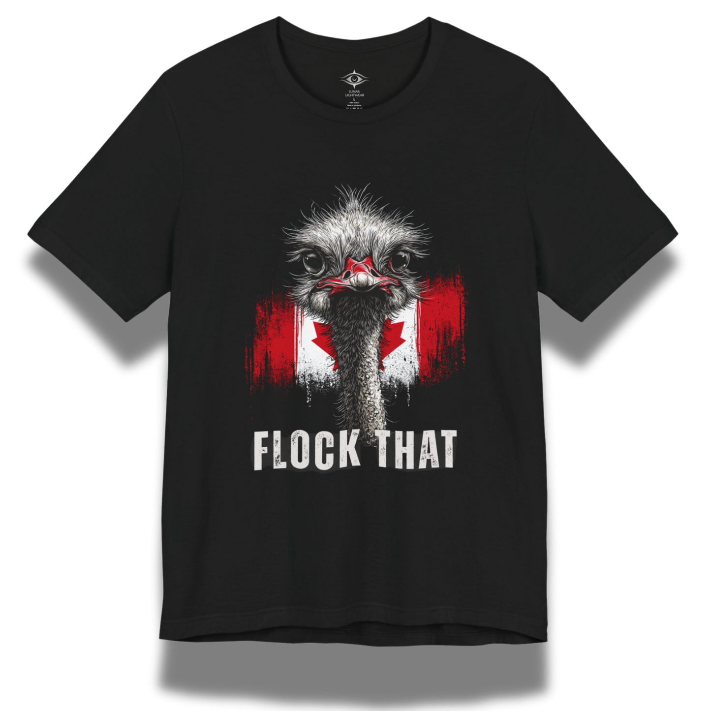 black tshirt with an ostrich and canadian flag with the words Flock That