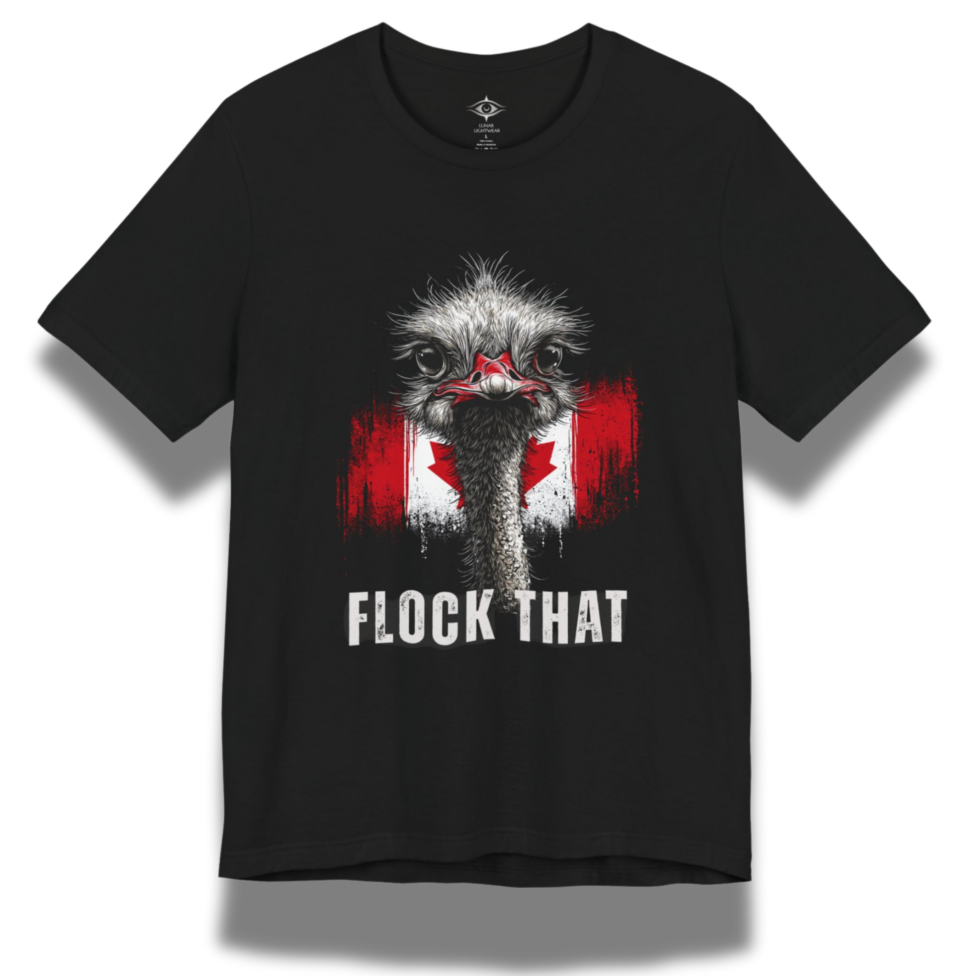 black tshirt with an ostrich and canadian flag with the words Flock That