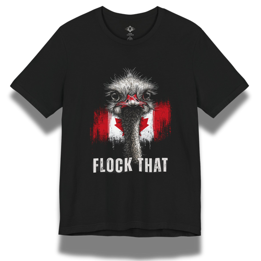 black tshirt with an ostrich and canadian flag with the words Flock That