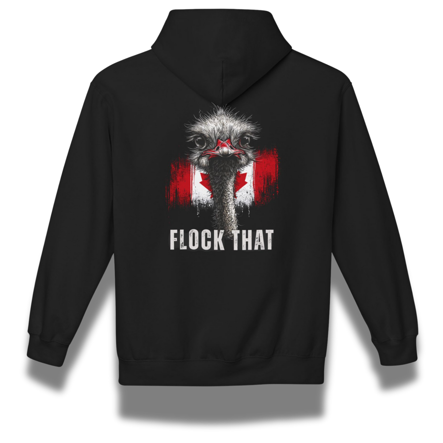 Black hoodie with an ostrich graphic and 'Flock That' text 