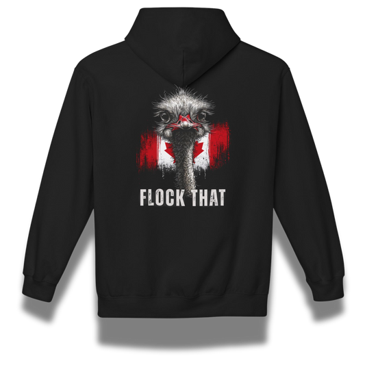 Black hoodie with an ostrich graphic and 'Flock That' text 
