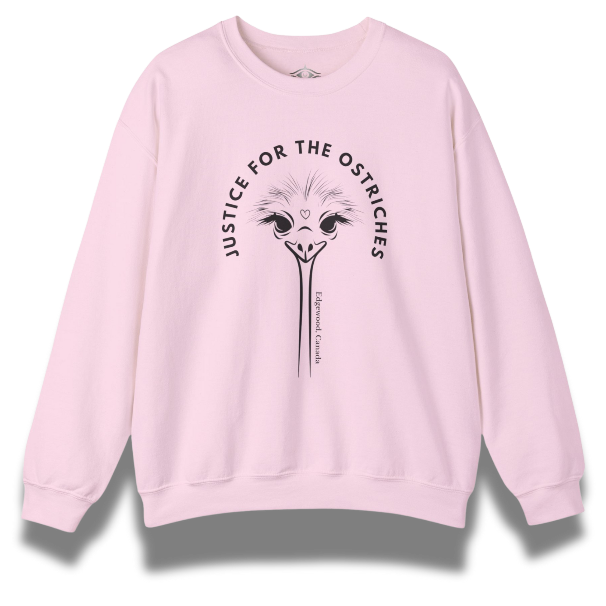 Pink sweatshirt with ostrich graphic and the text "justice for the ostriches"
