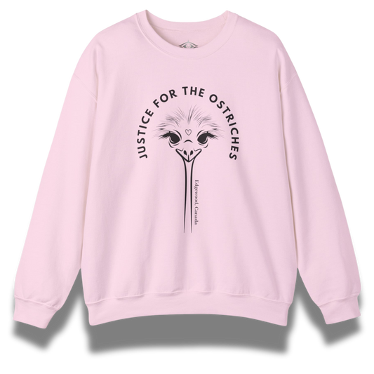 Pink sweatshirt with ostrich graphic and the text "justice for the ostriches"