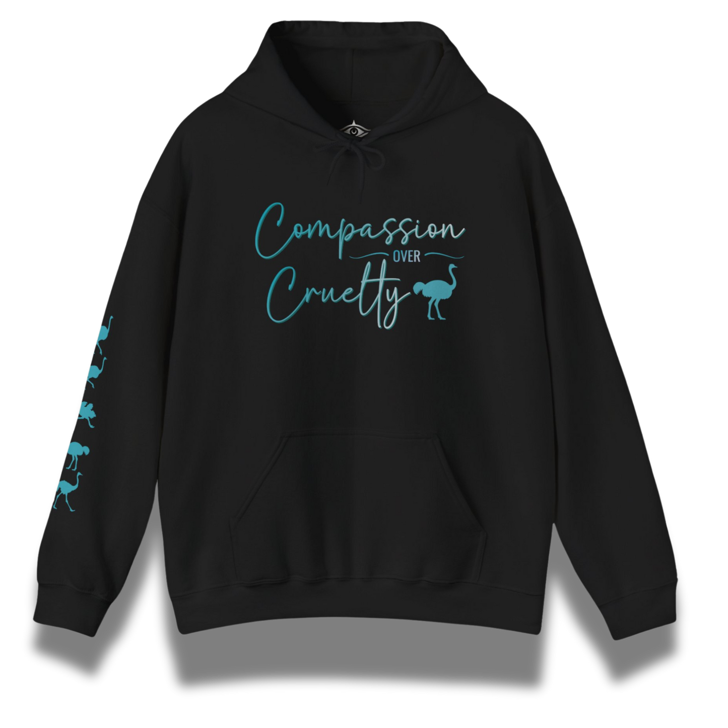 Black hoodie with 'Compassion Over Cruelty' text and ostrich design on a white background