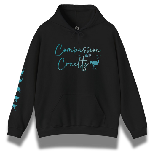 Black hoodie with 'Compassion Over Cruelty' text and ostrich design on a white background