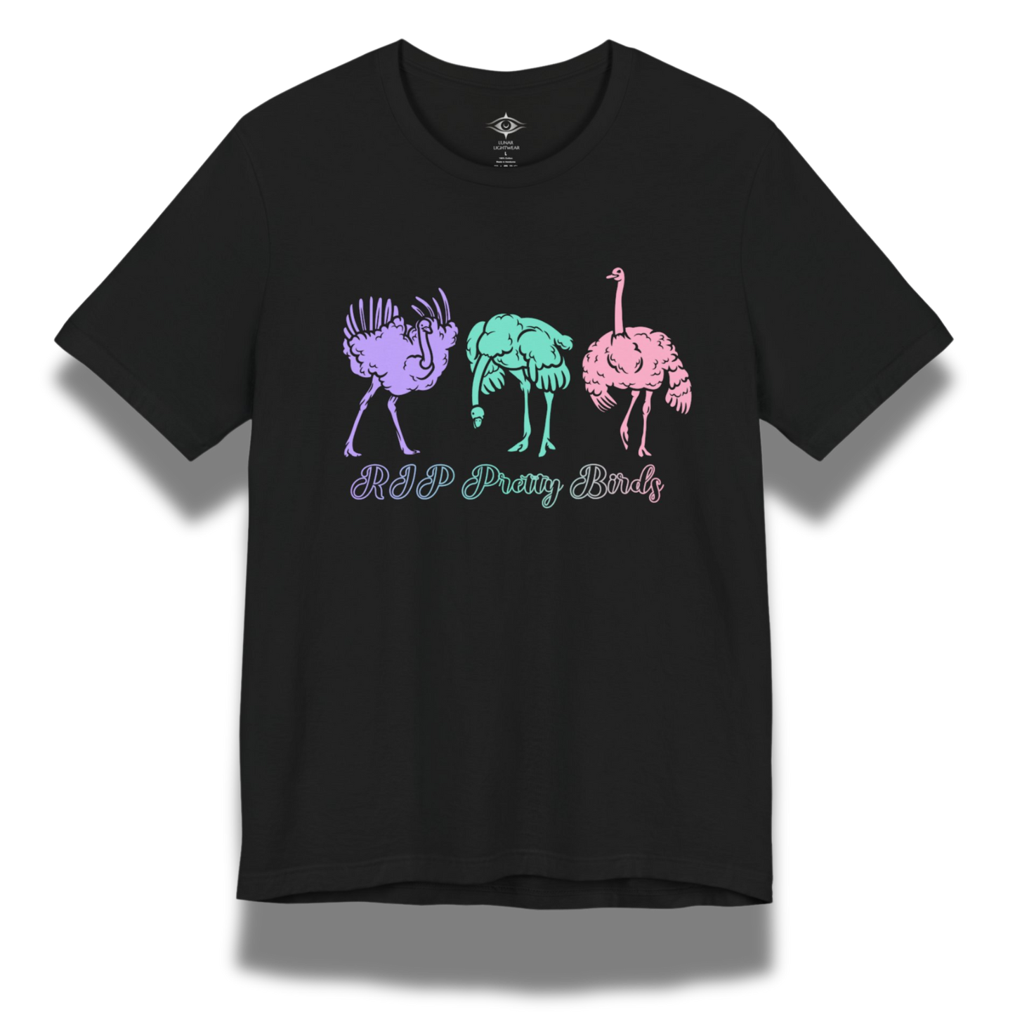 Black t-shirt with colorful ostrich graphic and 'RIP Pretty Birds' text on a white background