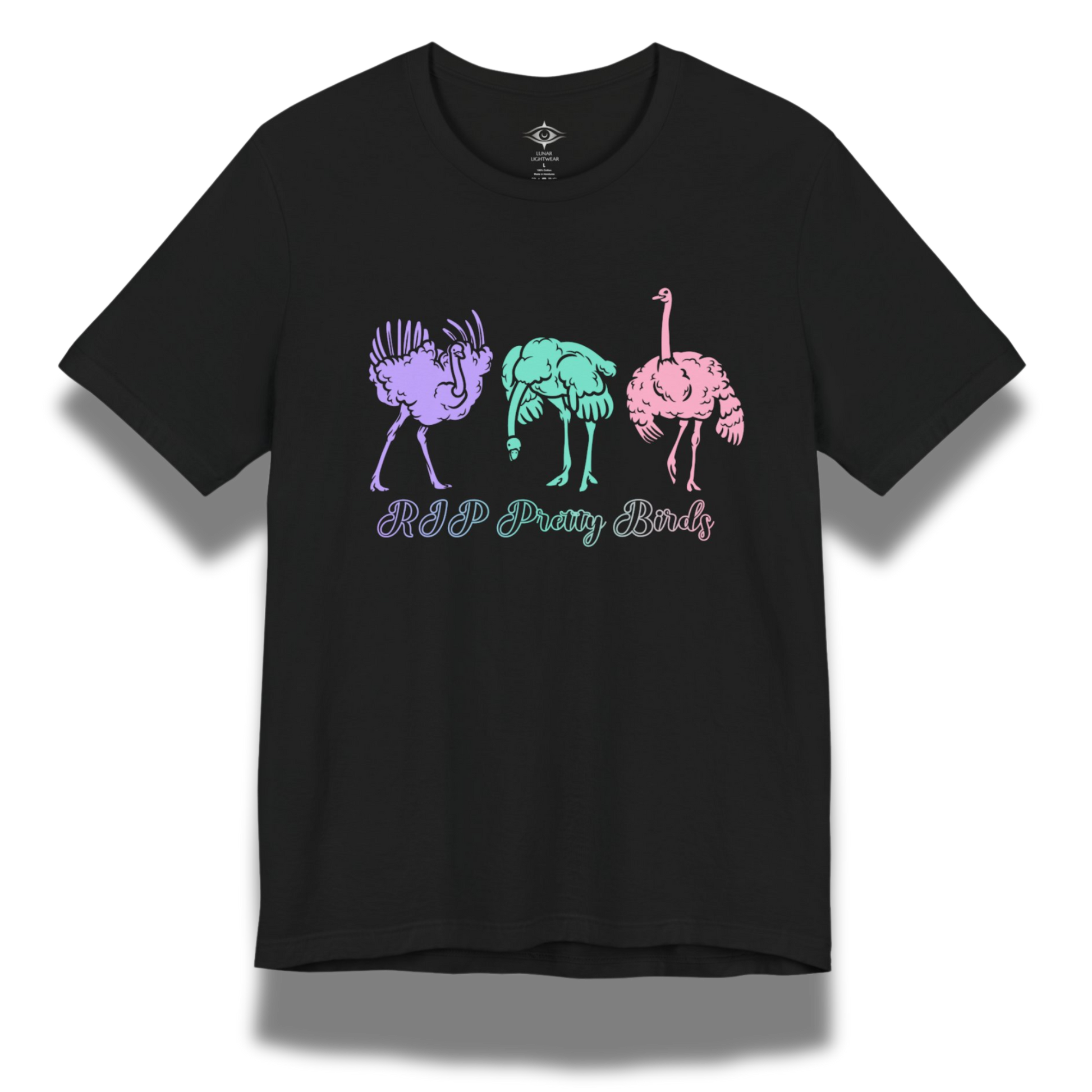 Black t-shirt with colorful ostrich graphic and 'RIP Pretty Birds' text on a white background