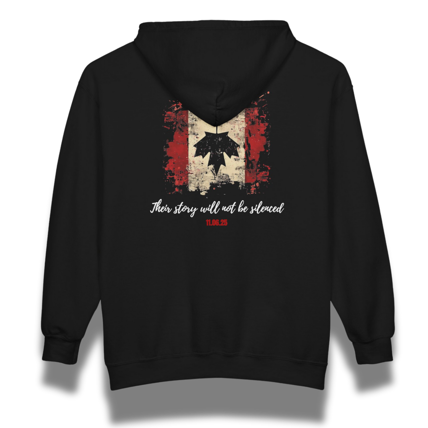 Black hoodie with an upside down canadian flag design and text on the back that says "their story will not be silenced