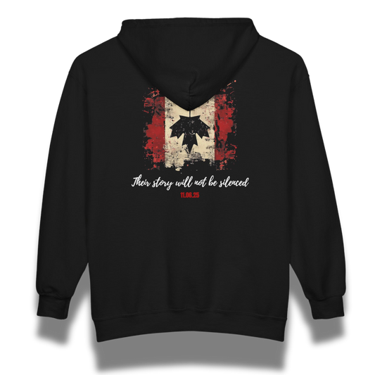 Black hoodie with an upside down canadian flag design and text on the back that says "their story will not be silenced