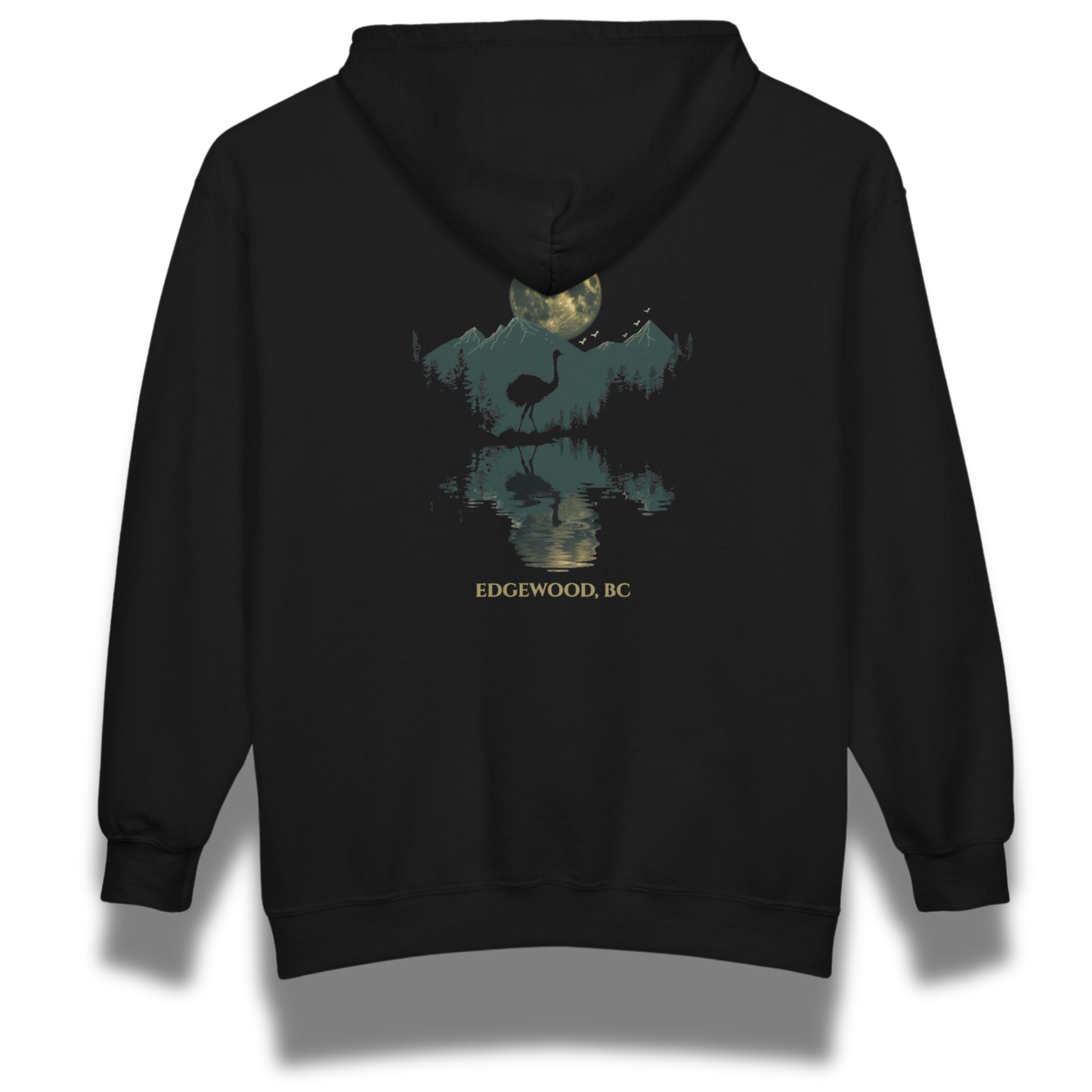 Black hoodie with a ostrich, mountain and moon graphic design on the back 
