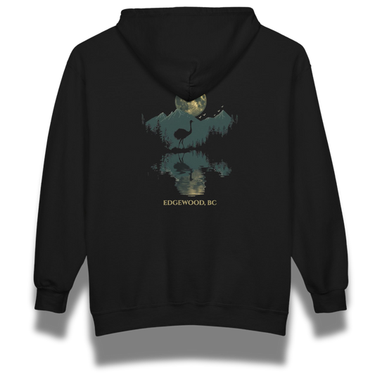 Black hoodie with a ostrich, mountain and moon graphic design on the back 