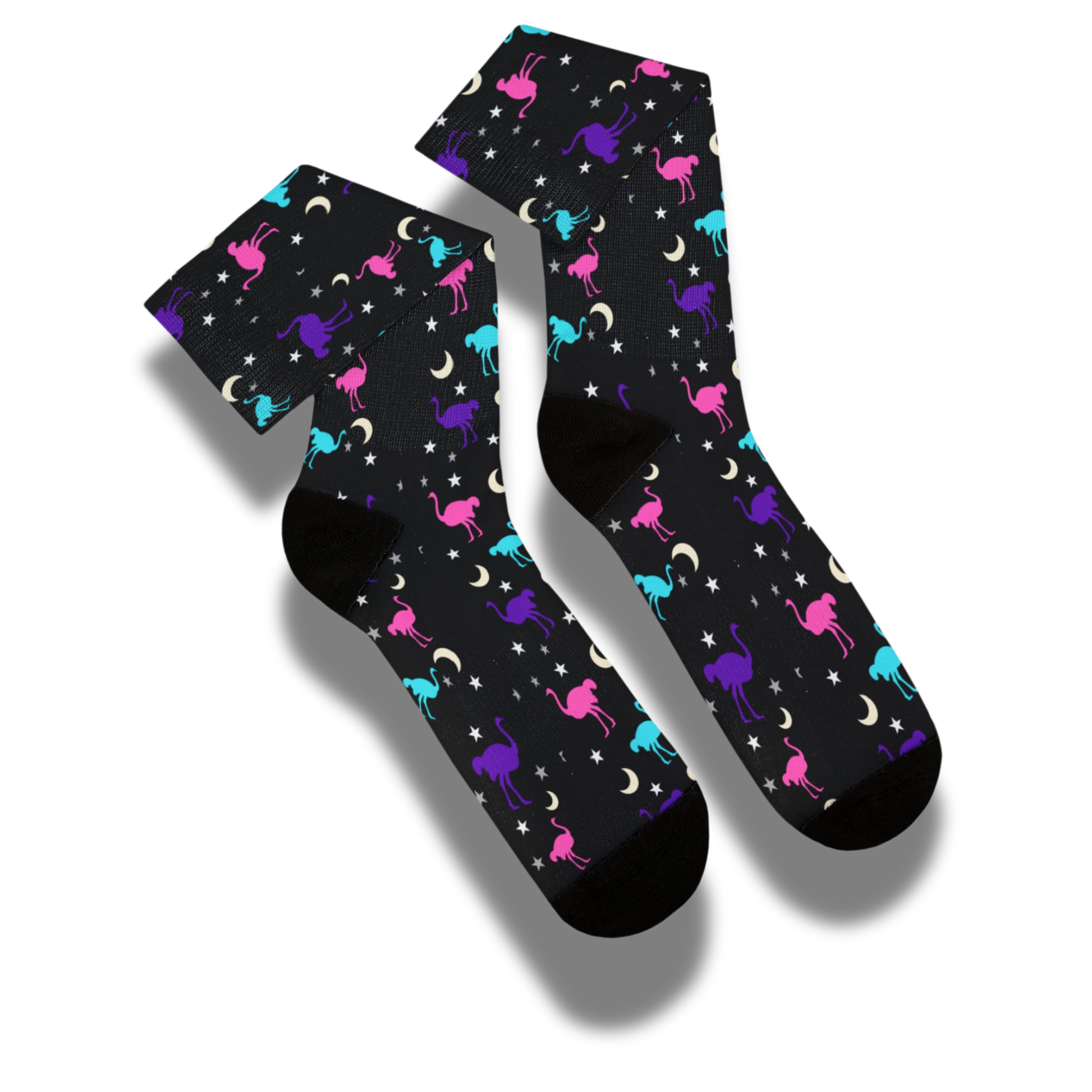 Black socks with colorful ostrich, moon and stars pattern 