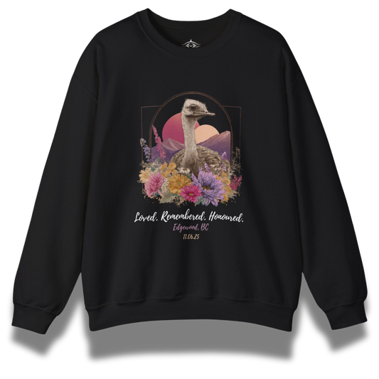 Black sweatshirt with a graphic design of an ostrich, flowers, and text on a white background
