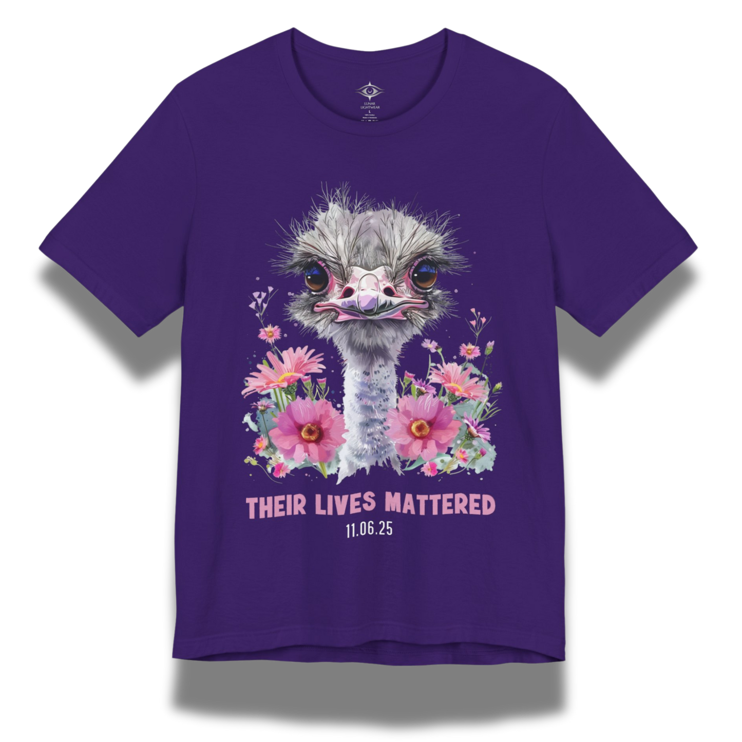 Purple t-shirt with an ostrich and floral design on a white background