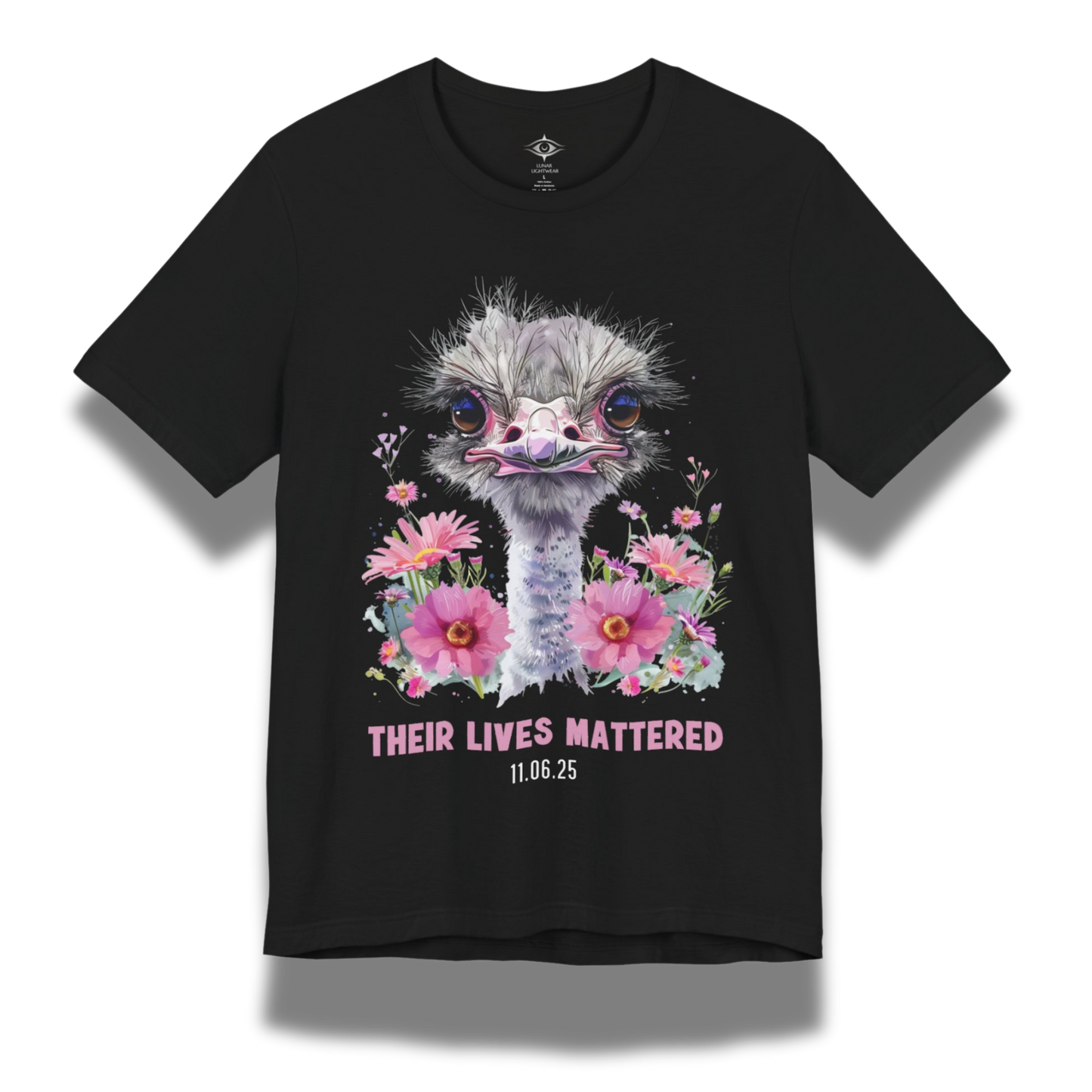 Black t-shirt with an ostrich graphic and floral design with text that says "their lives mattered"
