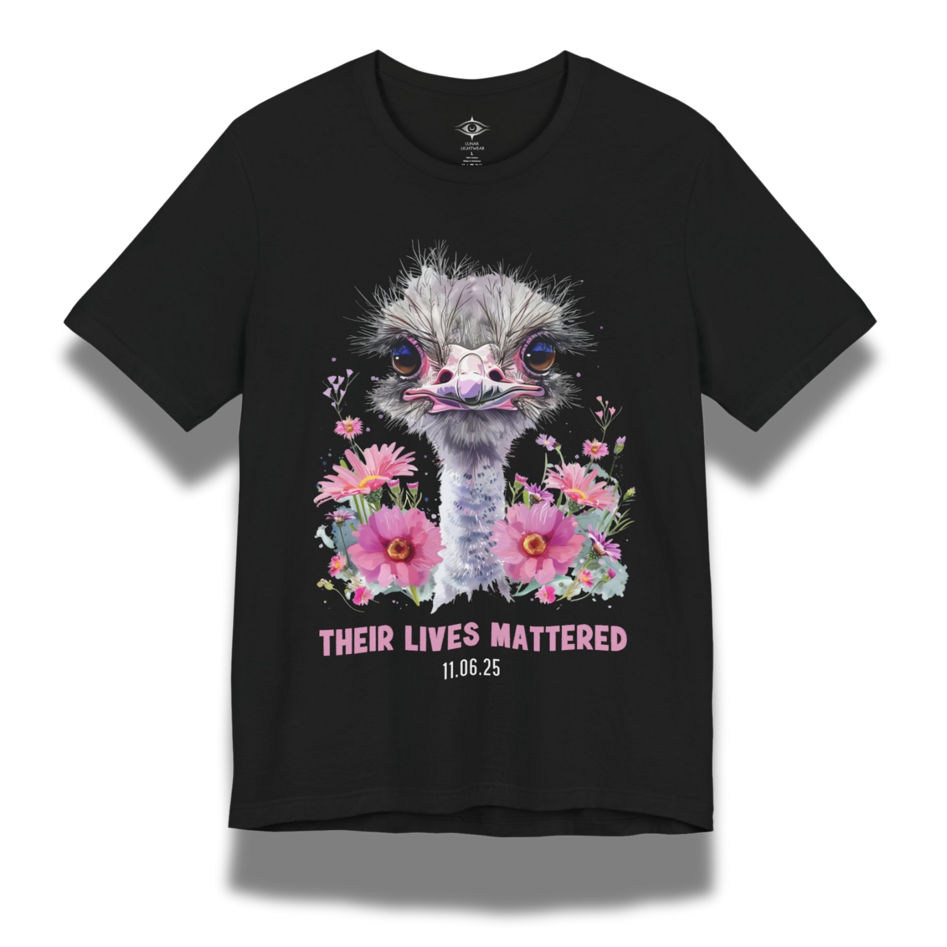 Black t-shirt with an ostrich graphic and floral design with text that says "their lives mattered"
