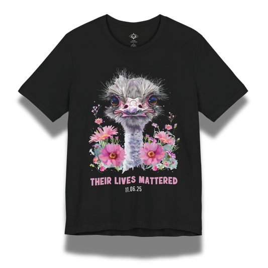 Black t-shirt with an ostrich graphic and floral design with text that says "their lives mattered"
