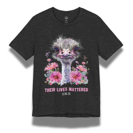 Grey t-shirt with an ostrich graphic and floral design