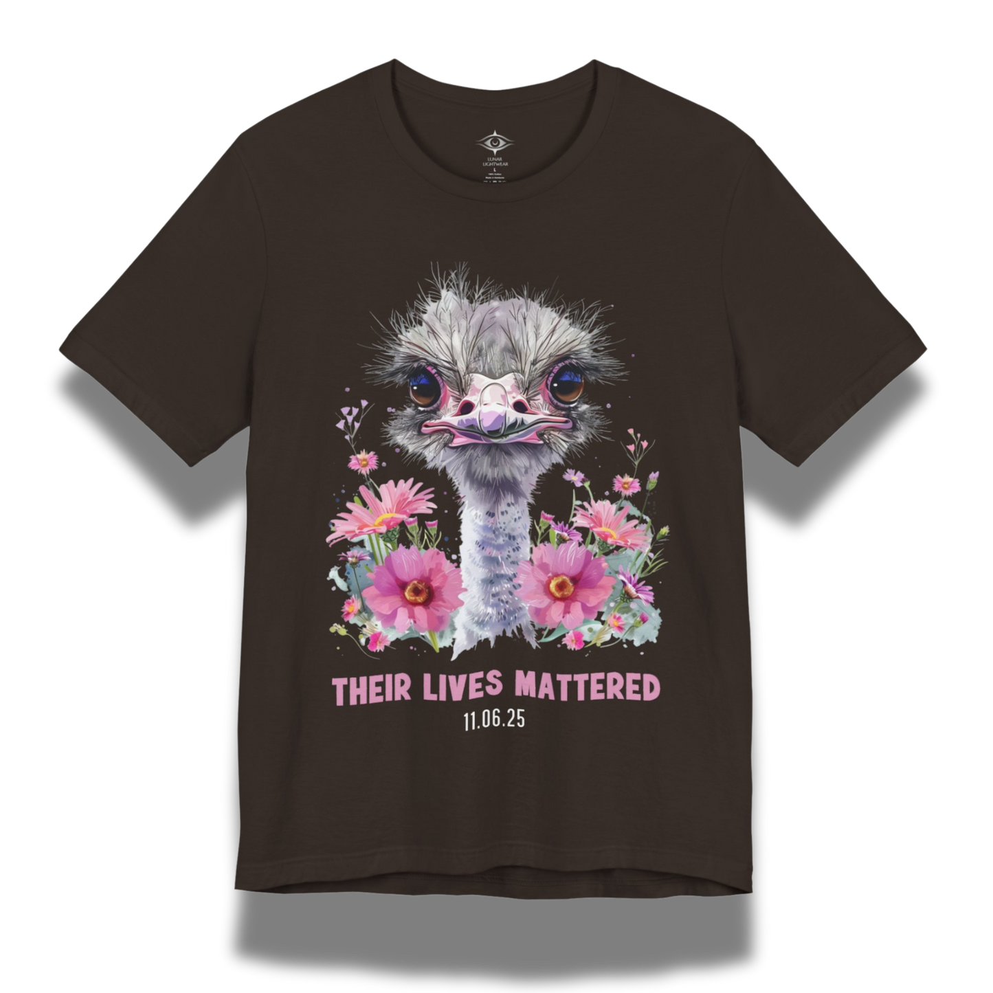 Black t-shirt with an ostrich graphic and floral design on a white background