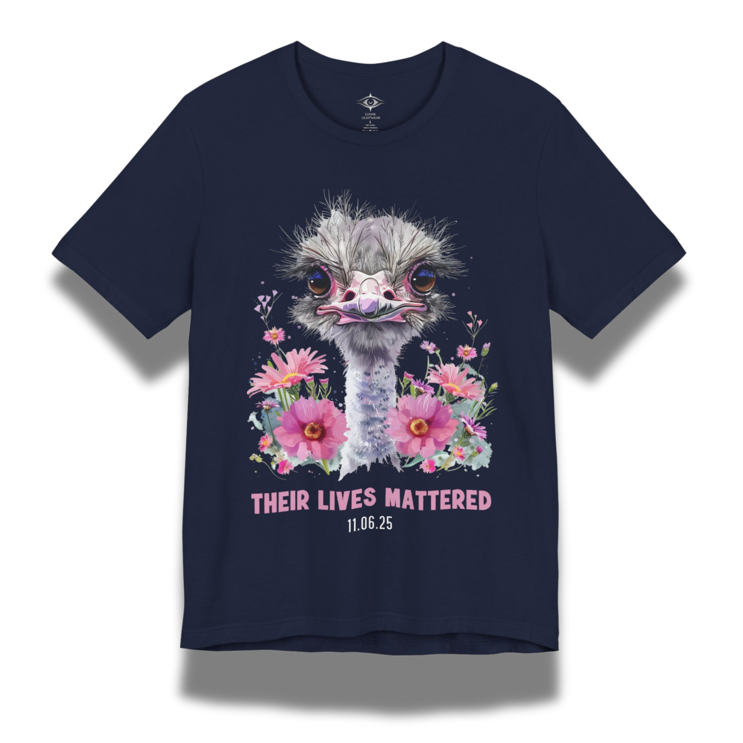 Navy blue t-shirt with an ostrich and floral design on a white background