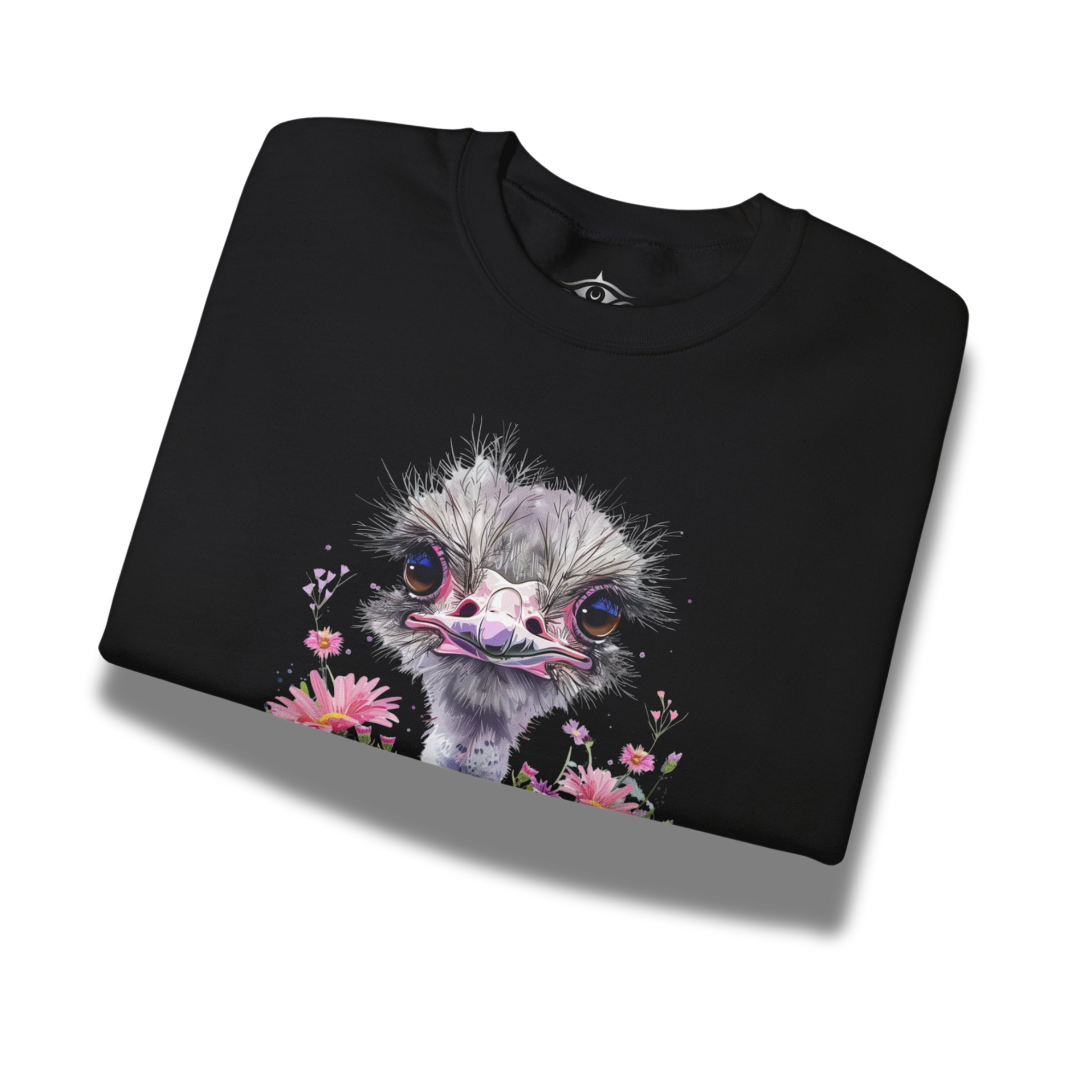 Black sweatshirt with an ostrich graphic and flowers on a white background