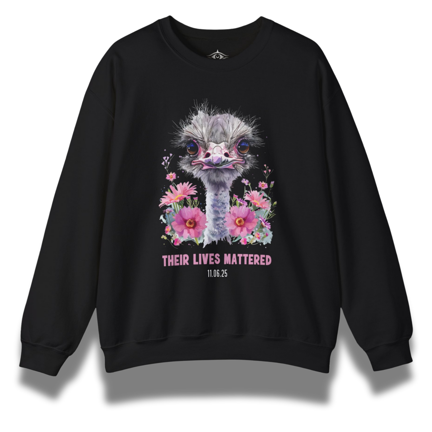 Black sweatshirt with an ostrich graphic and floral design on a white background