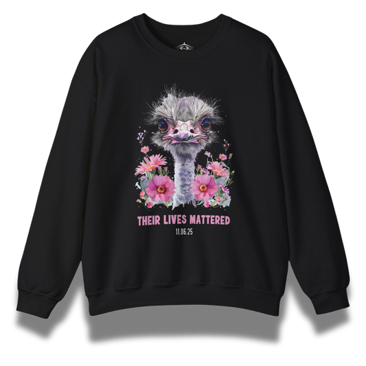 Black sweatshirt with an ostrich graphic and floral design on a white background
