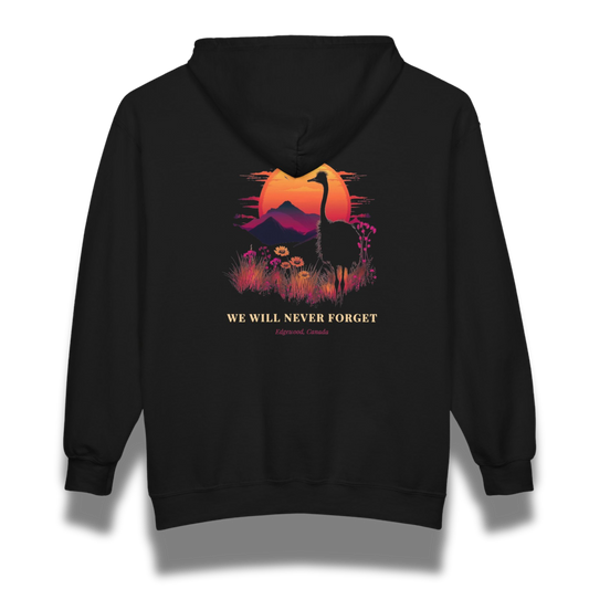 Black hoodie with a graphic design of a giraffe and sunset, and text 'WE WILL NEVER FORGET' on the back.