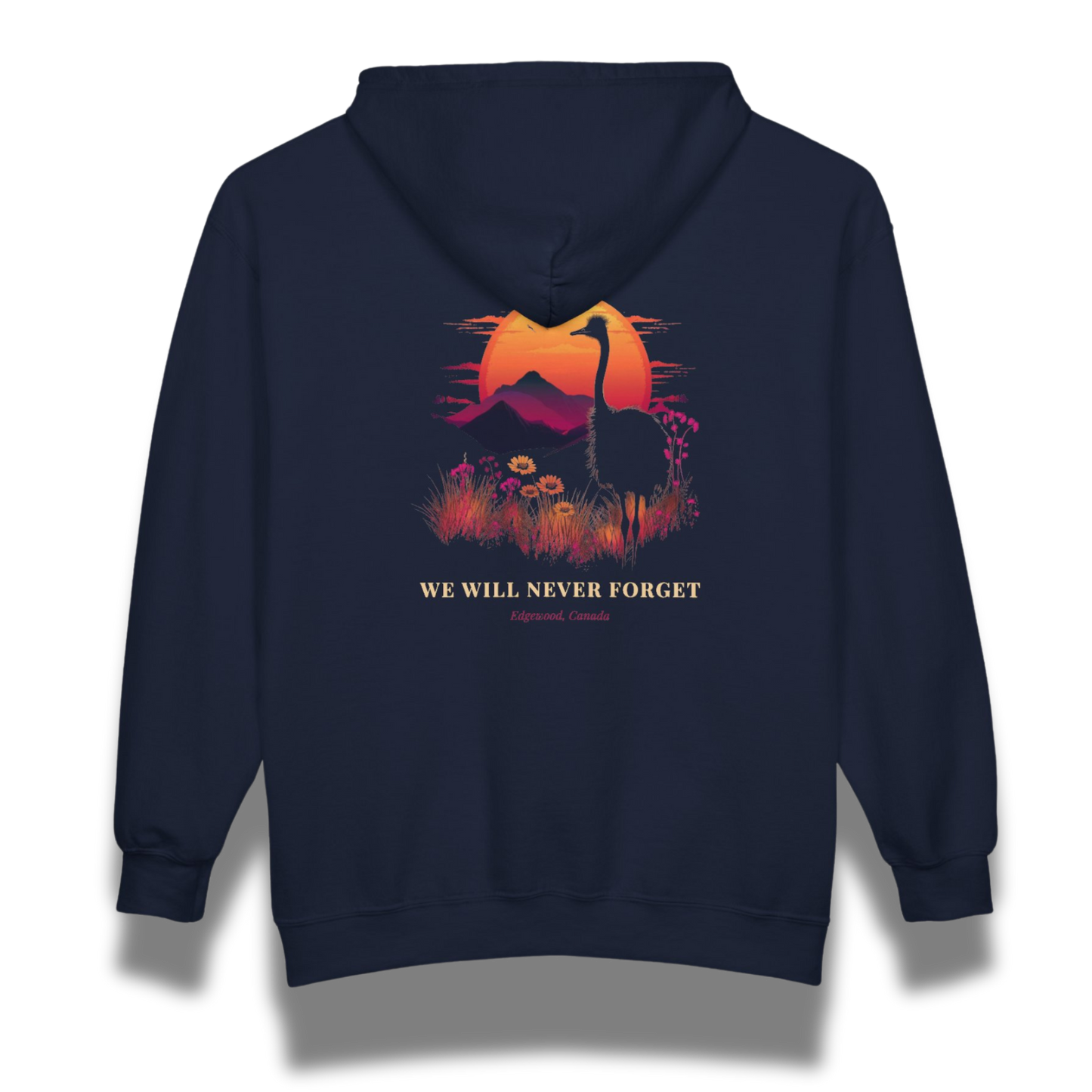 Navy blue hoodie with a graphic design on the back featuring a sunset and text.