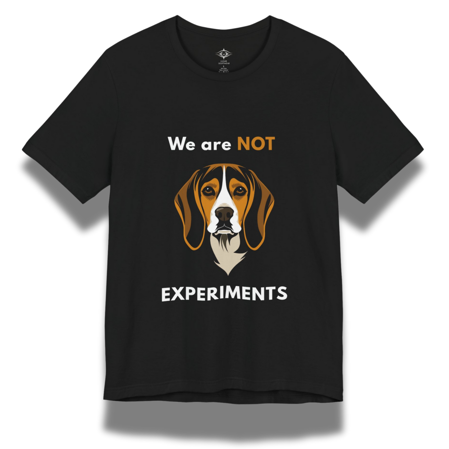 Black t-shirt with a beagle dog graphic and text saying "we are not experiments"