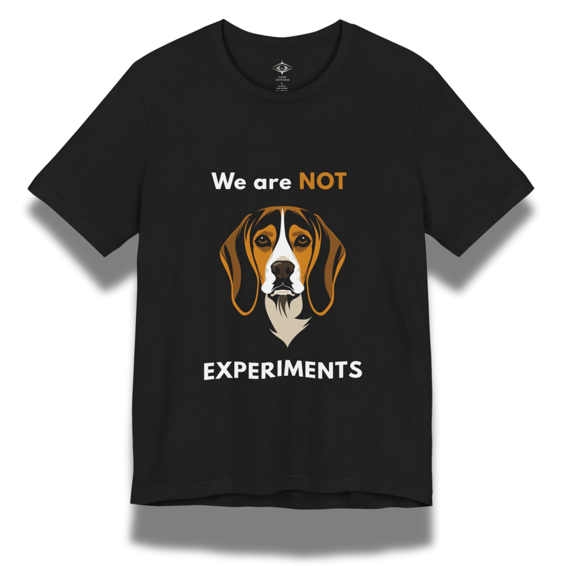 Black t-shirt with a beagle dog graphic and text saying "we are not experiments"
