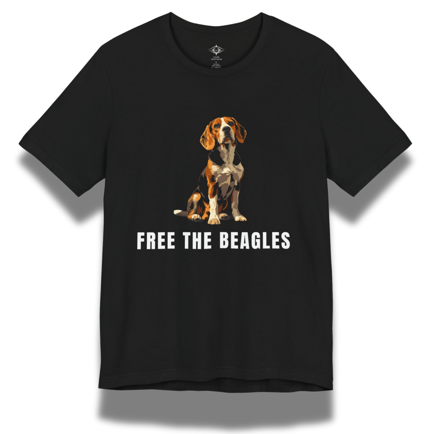 Black t-shirt with a beagle graphic and 'Free the Beagles' text 