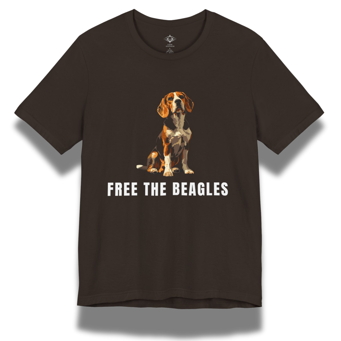 Brown t-shirt with a beagle graphic and 'Free the Beagles' text