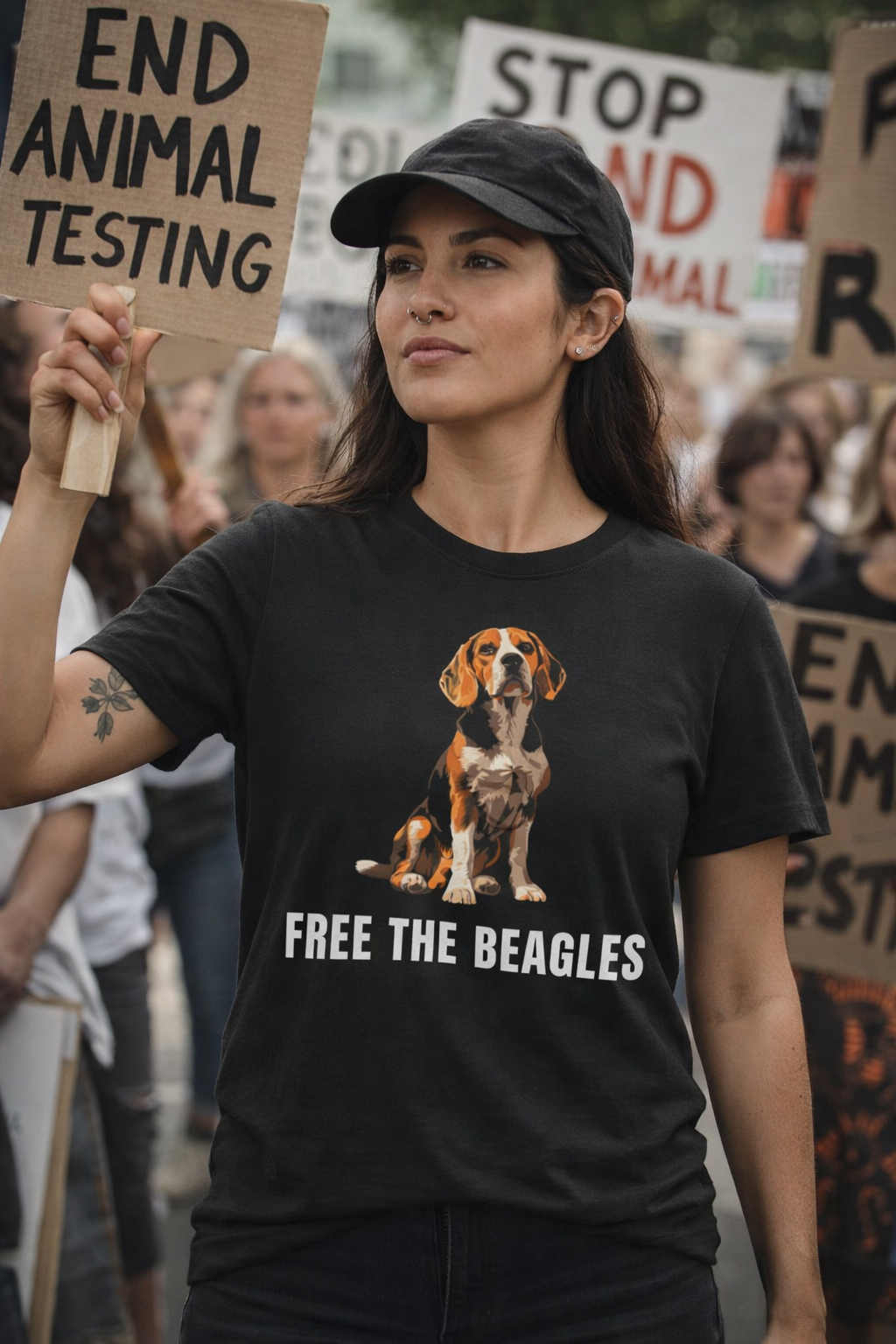 Woman at a protest holding a sign and wearing a 'Free the Beagles' t-shirt.