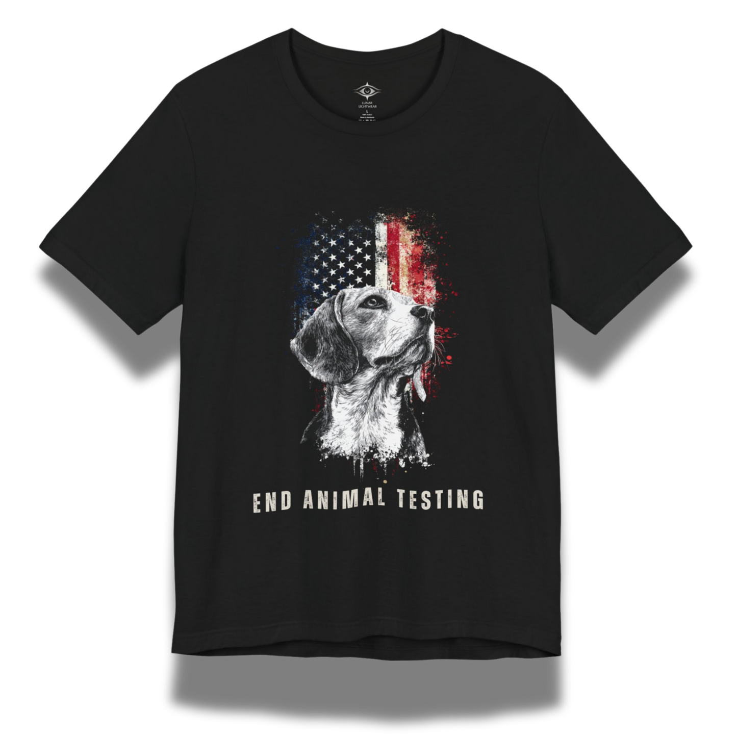 Black t-shirt with a graphic of a dog and American flag, and 'End Animal Testing' text on a white background.