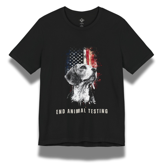 Black t-shirt with a graphic of a dog and American flag, and 'End Animal Testing' text on a white background.