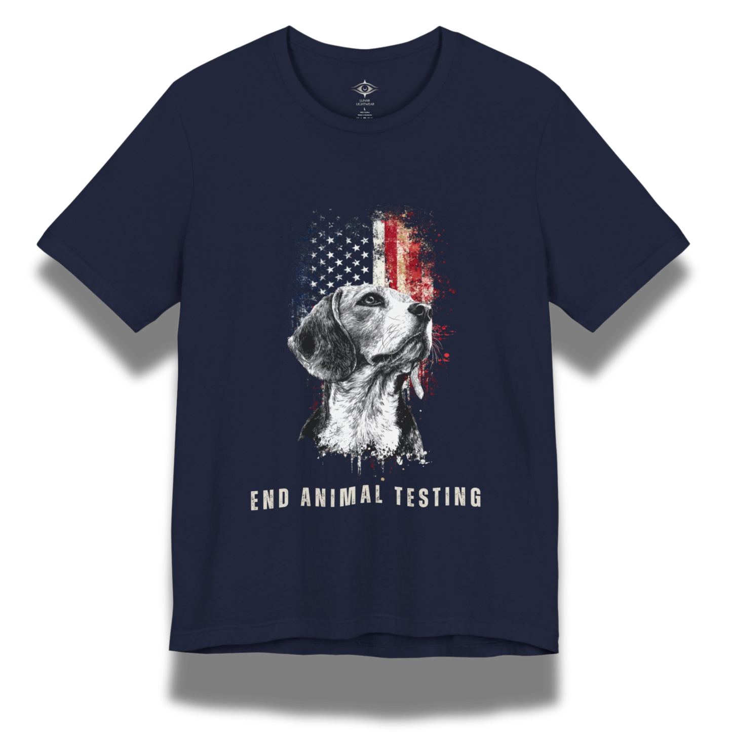 Navy blue t-shirt with a graphic of a dog and American flag, and 'End Animal Testing' text on a white background.