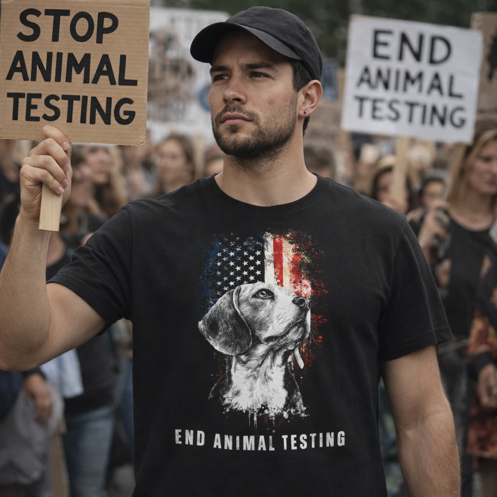 Man holding a 'Stop Animal Testing' sign at a protest with a shirt displaying an American flag and dog.