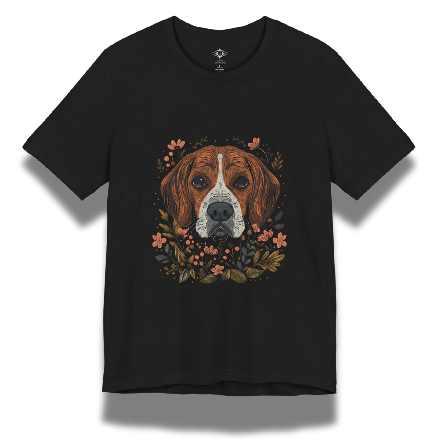 Black t-shirt with a beagle dog illustration and floral design on a white background
