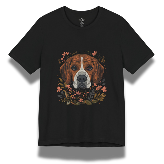 Black t-shirt with a beagle dog illustration and floral design on a white background