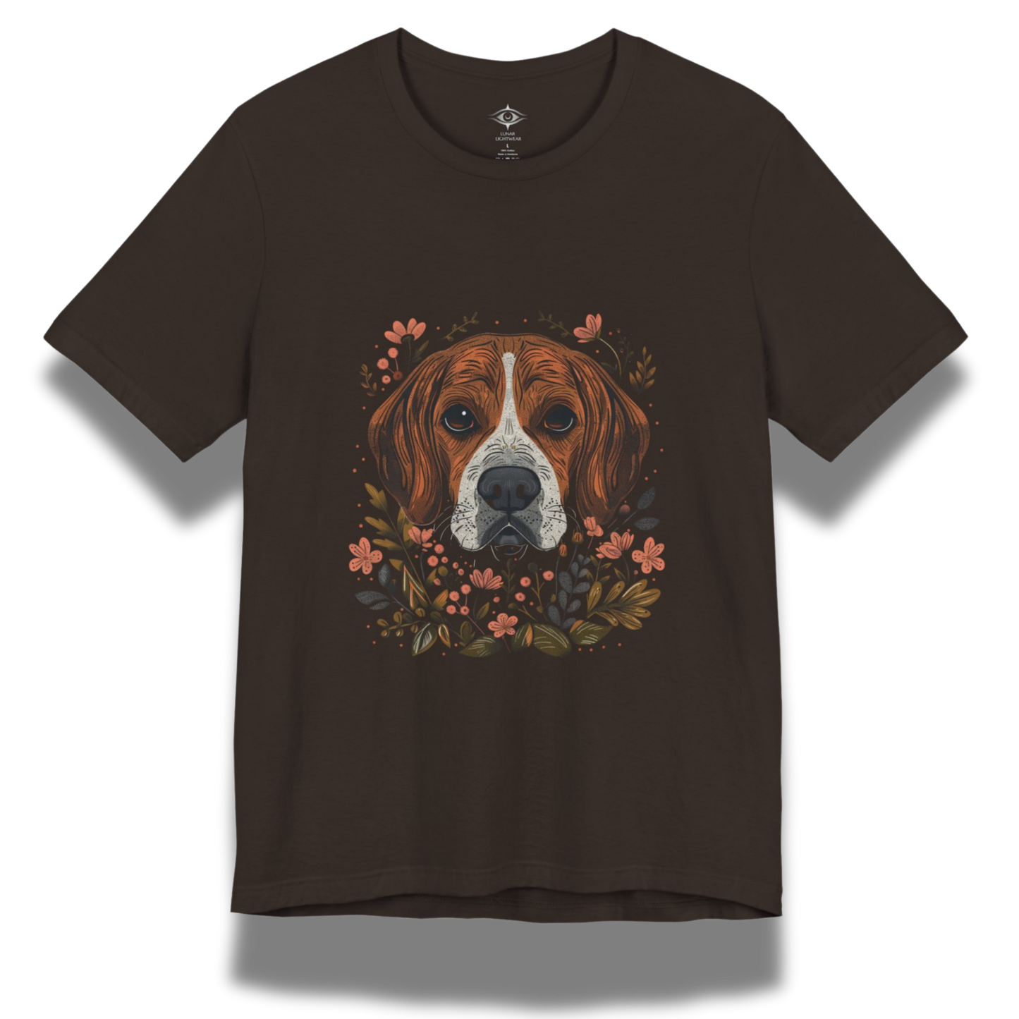 Brown t-shirt with a beagle dog and floral design on a white background