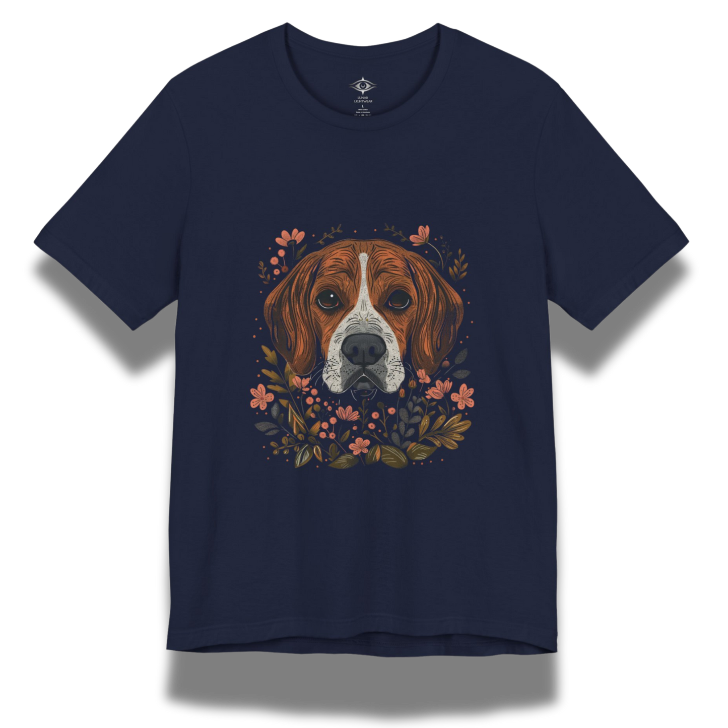 Navy blue t-shirt with a beagle dog illustration and floral elements on a white background