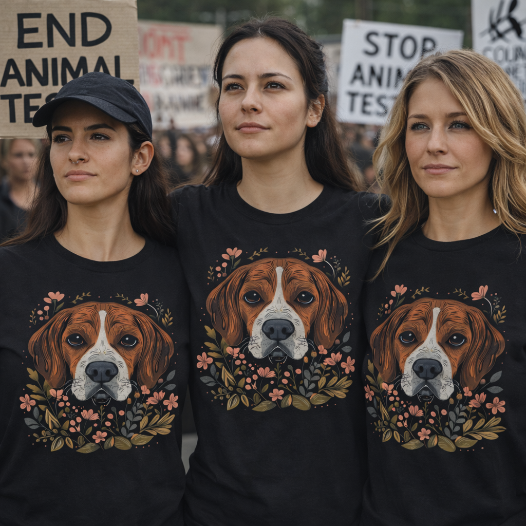 Three women wearing black shirts with a beagle dog illustration at a protest event.