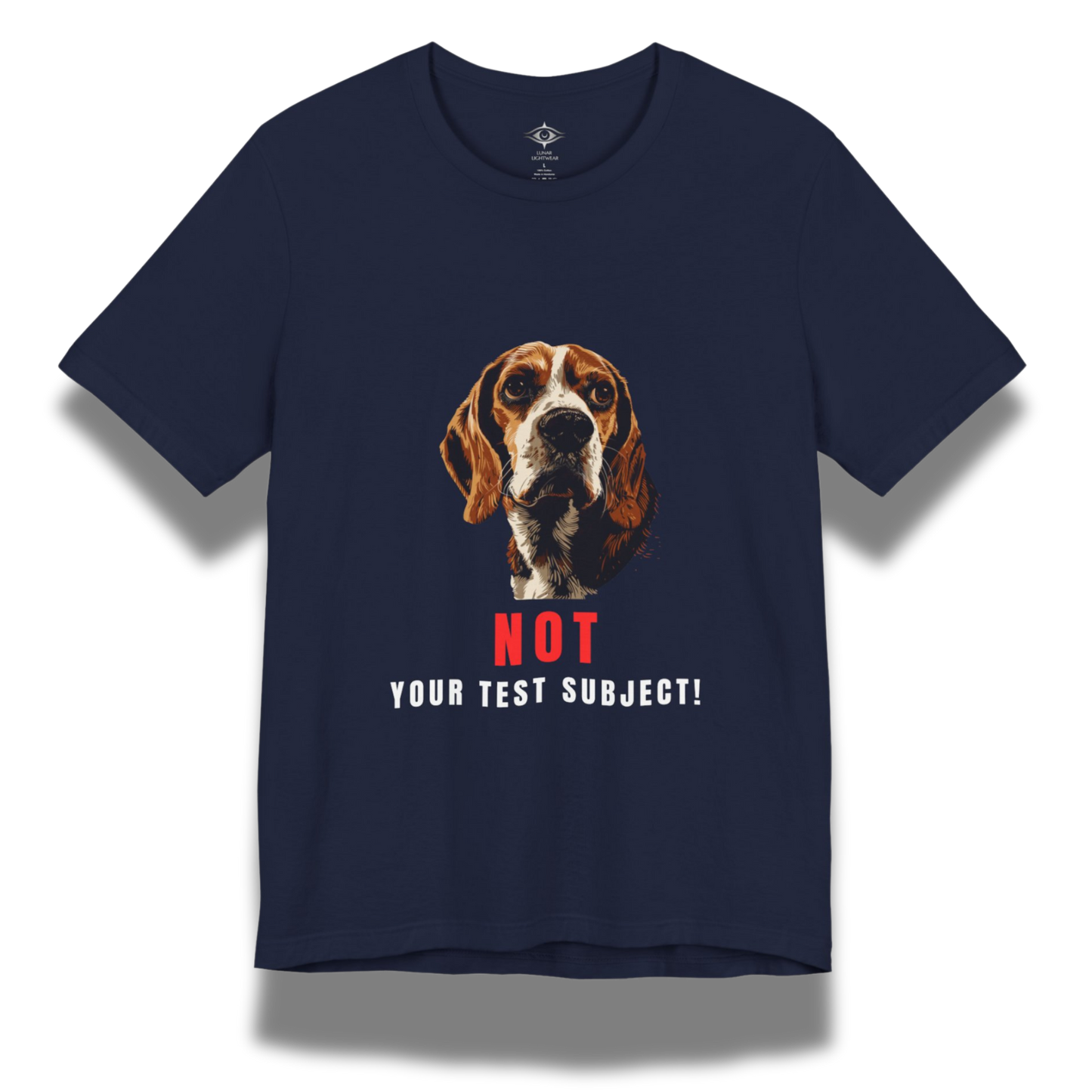 Navy t-shirt with a beagle dog graphic and text "not your test subject" on a white background